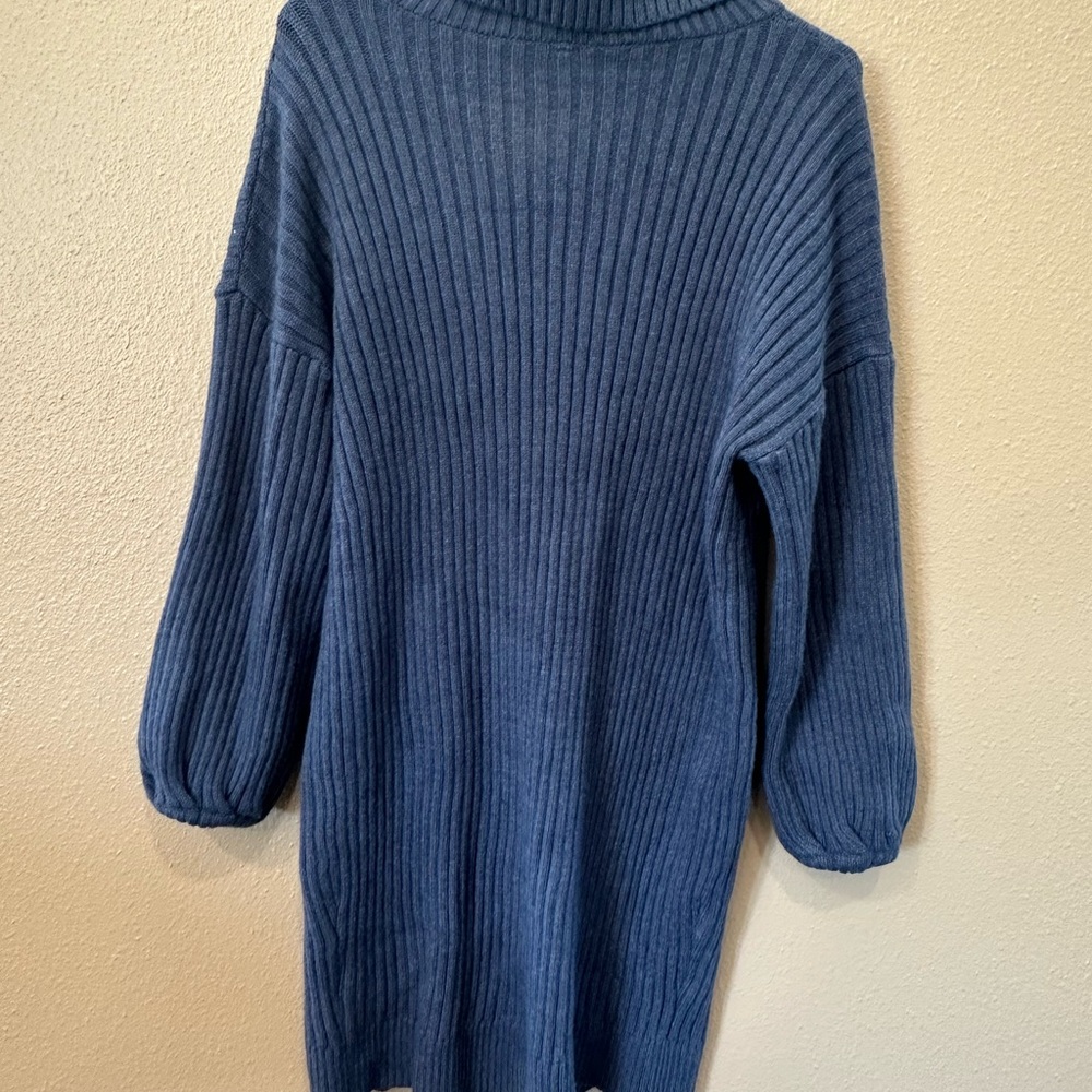 Blue Ribbed Turtleneck Sweater Dress